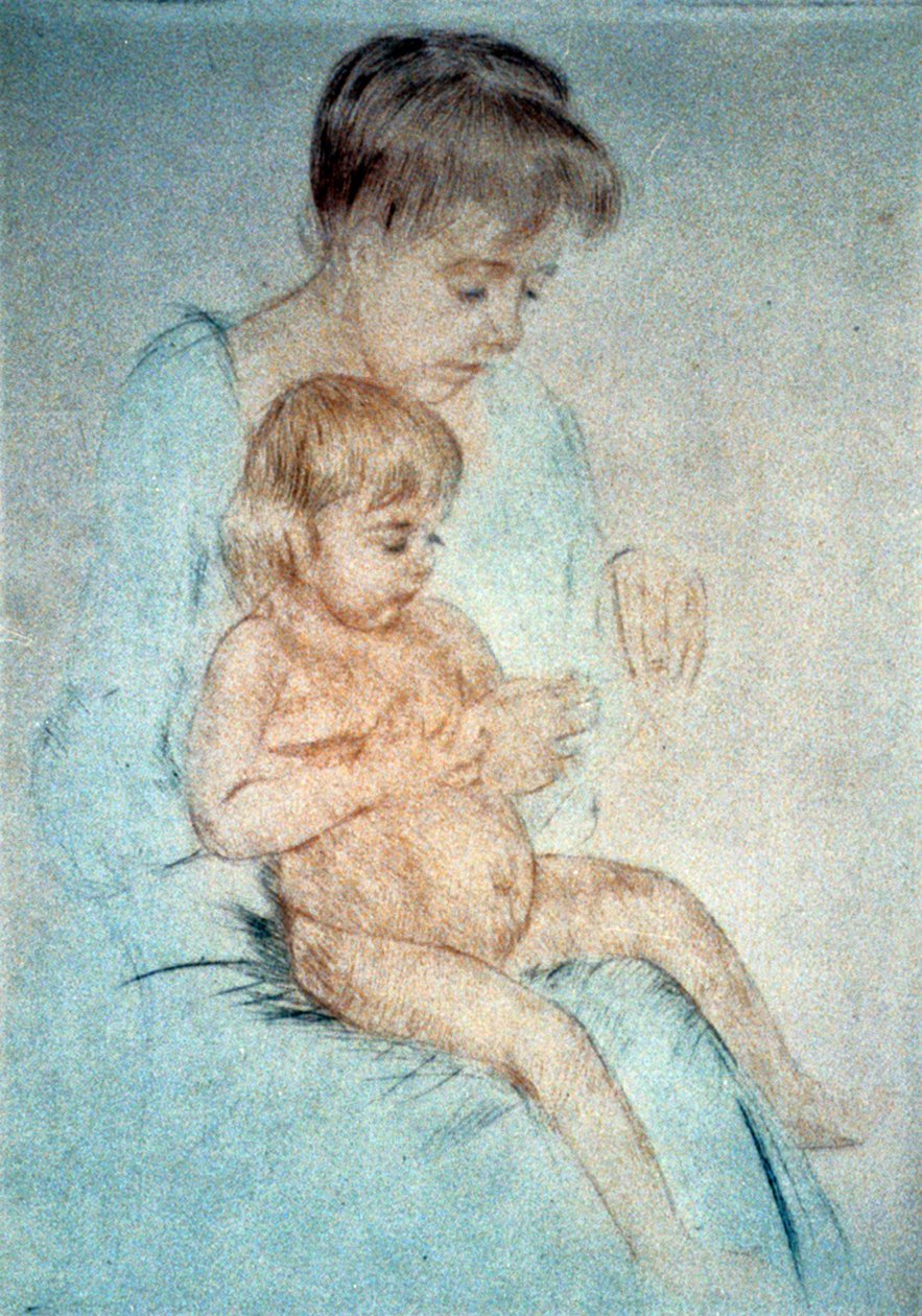 Mujer con un niño desnudo en el regazo mientras se hace la manicura, c1904. Pastel. Mary Cassatt (1844-1926) Pintora y grabadora estadounidense que desde 1866 vivió principalmente en Francia. Madre e hijo de Mary Stevenson Cassatt