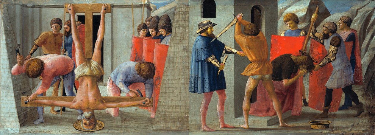 italiano:  Masaccio crocefissione di san pietro e martirio di san giovanni Battista La crucifixión del apóstol Pedro y la decapitación de Juan el Bautista de Masaccio
