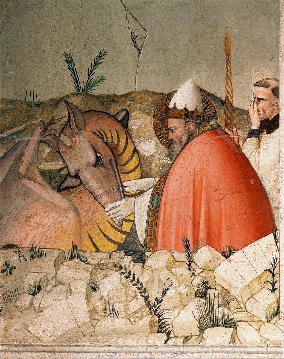 Episodios de la vida de Nochevieja: El Papa San Silvestre I (Silvestro) (314-335) cierra la boca del dragón. (detalle) de Maso di Banco