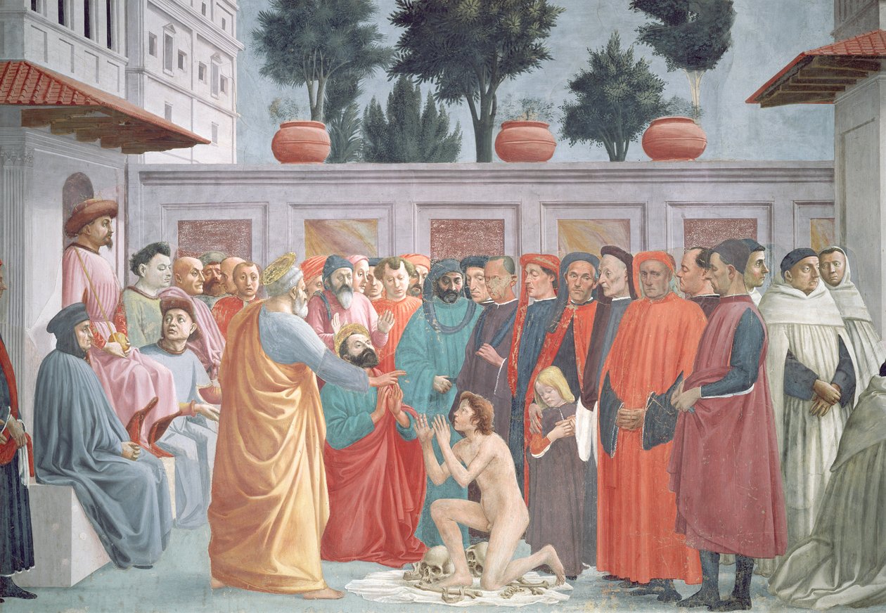 La resurrección de Teófilo, el hijo del rey de Antioquía, del registro inferior izquierdo de la capilla, c.1425-27, completado 1484-85 (detalle) de Filippino Lippi