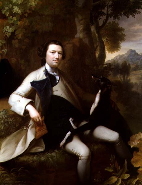 Francis Popham (d.1780) sentado en un paisaje boscoso con su galgo de Mason Chamberlain