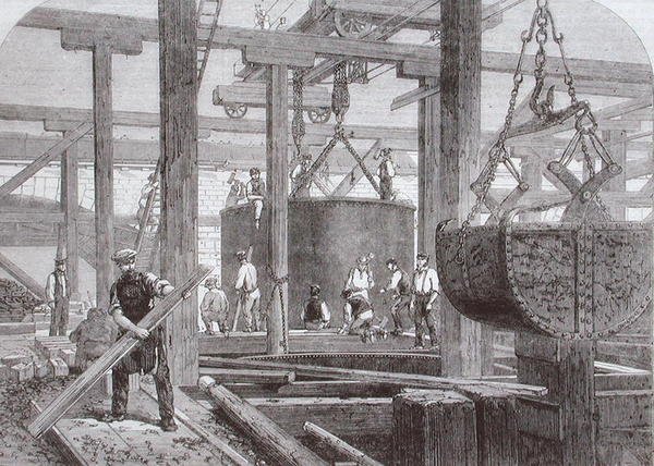 Vista de los trabajos de construcción en el Puente de Blackfriars para el ferrocarril de Londres, Chatham y Dover mostrando el hundimiento de un cilindro para uno de los pilares de piedra circulares de Mason Jackson