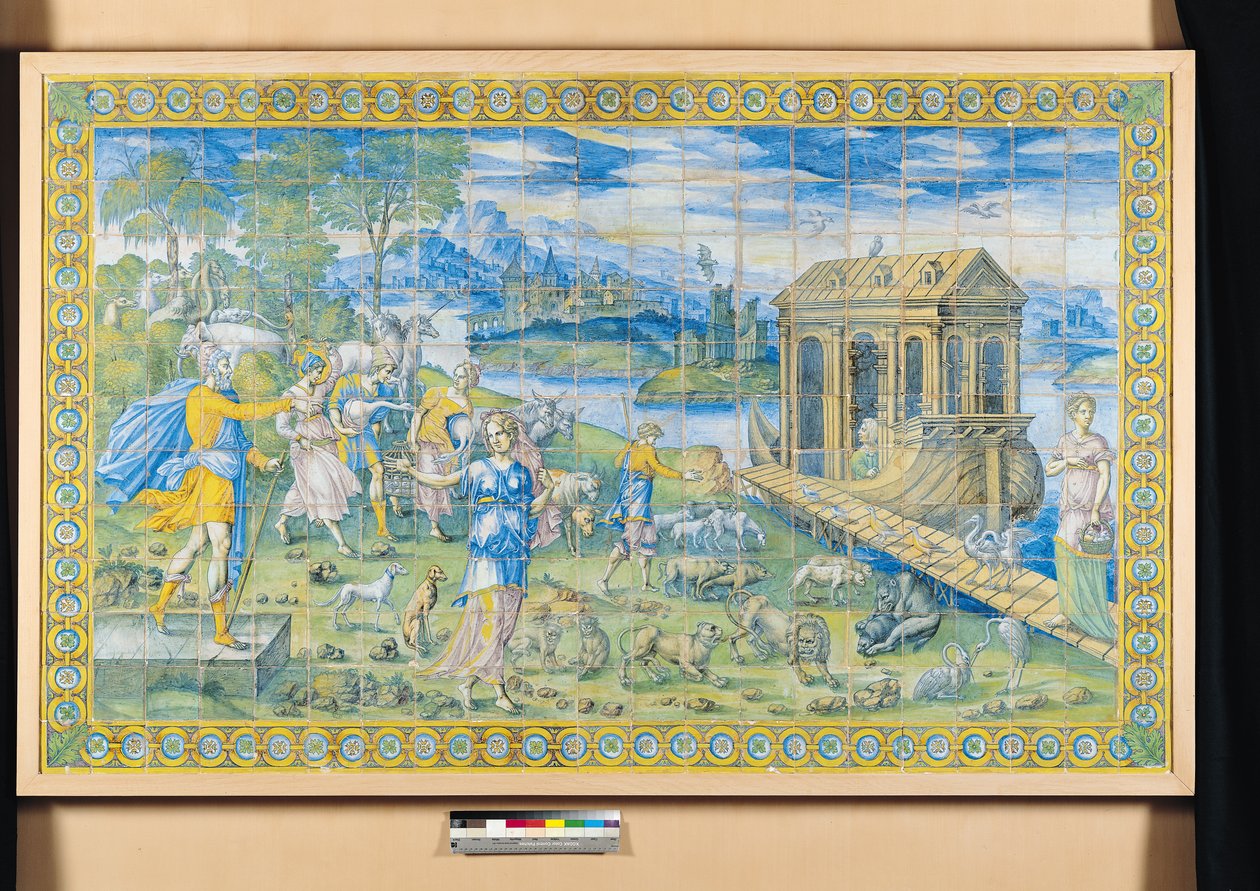 Azulejo que representa la historia de Noé: Embarcando en el Arca de Masseot Abaquesne