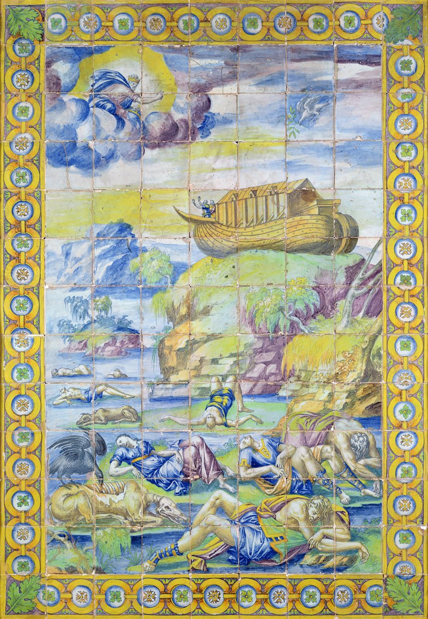 Azulejo que representa la Historia de Noé: El Arca en el Monte Ararat después del Diluvio, hecho en Rouen de Masseot Abaquesne