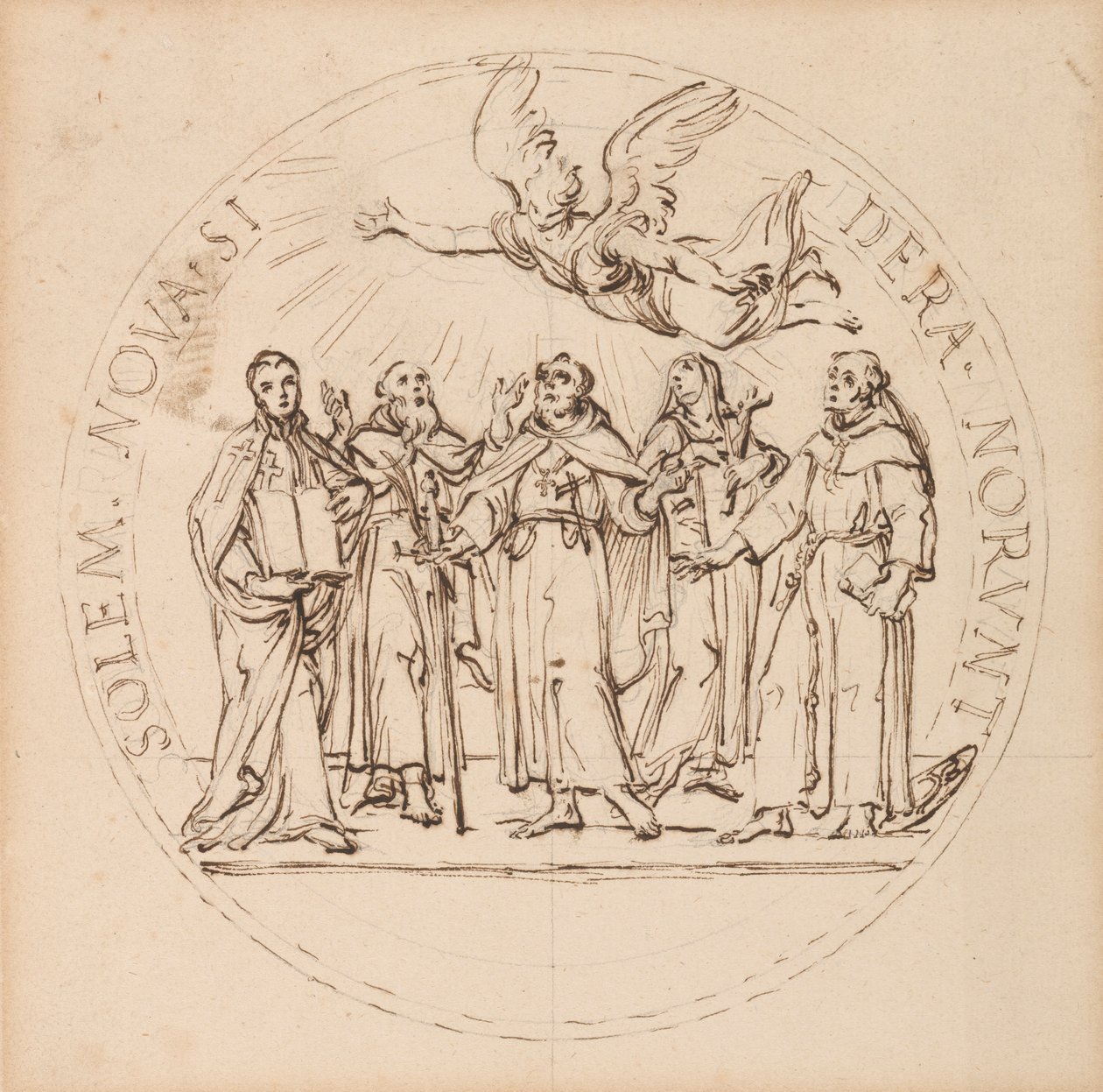Diseño de un medallón papal para la canonización de Clemente X de San Pío, San Gaetano dei Conti di Thiene, San Francisco Borgia, S. J., San Luis Bertrand, O.P. y Santa Margarita Q(ueen) de Escocia de Massimiliano Soldani