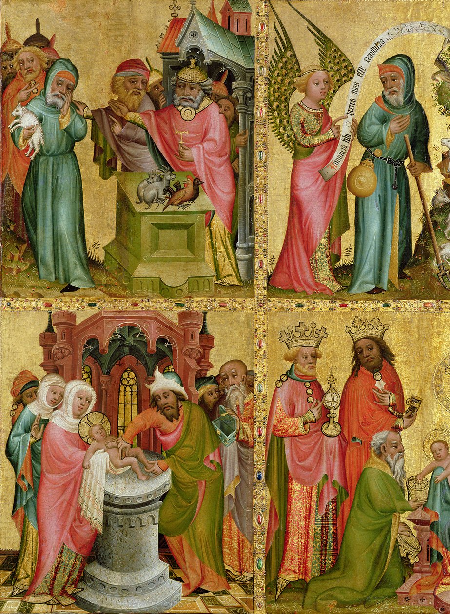 El sacrificio de Joaquín y la circuncisión de Cristo, del ala izquierda del Altar de Buxtehude, 1400-10 (detalle) de Master Bertram of Minden