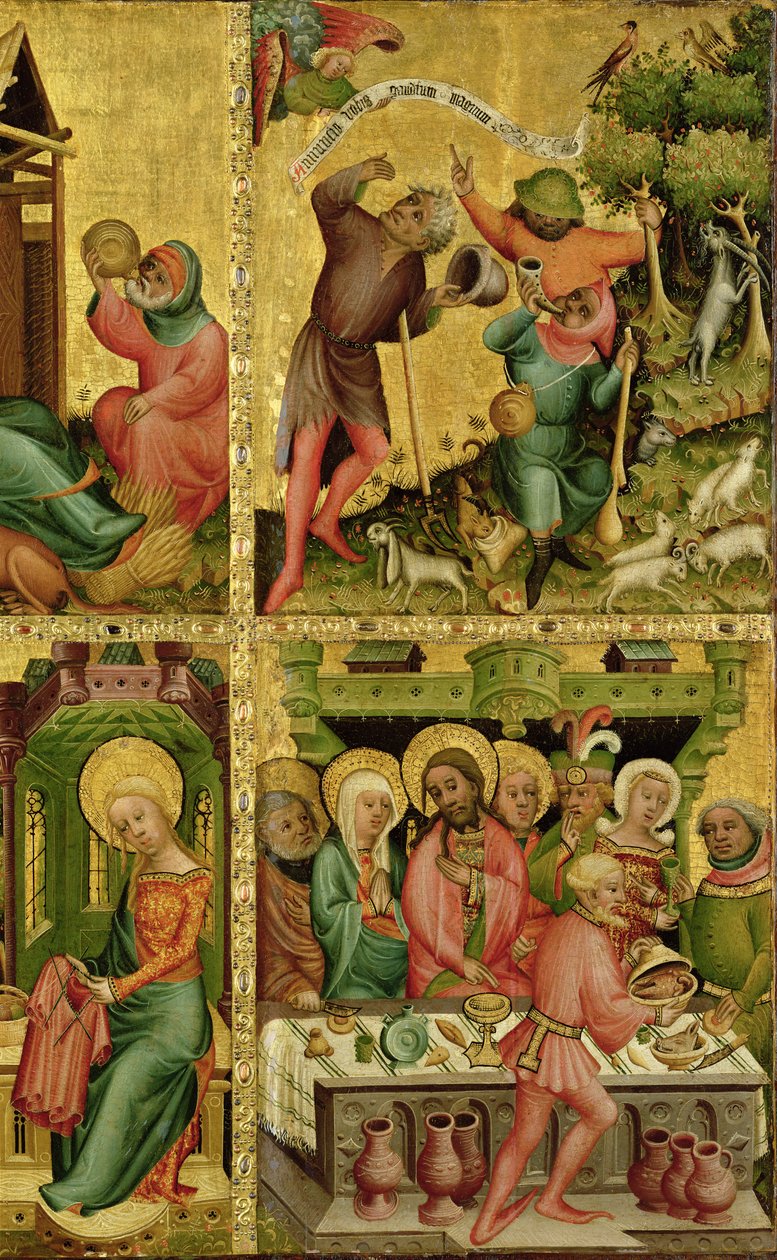 La Anunciación a los Pastores y las Bodas de Caná, del ala derecha del Altar de Buxtehude, 1400-10 de Master Bertram of Minden