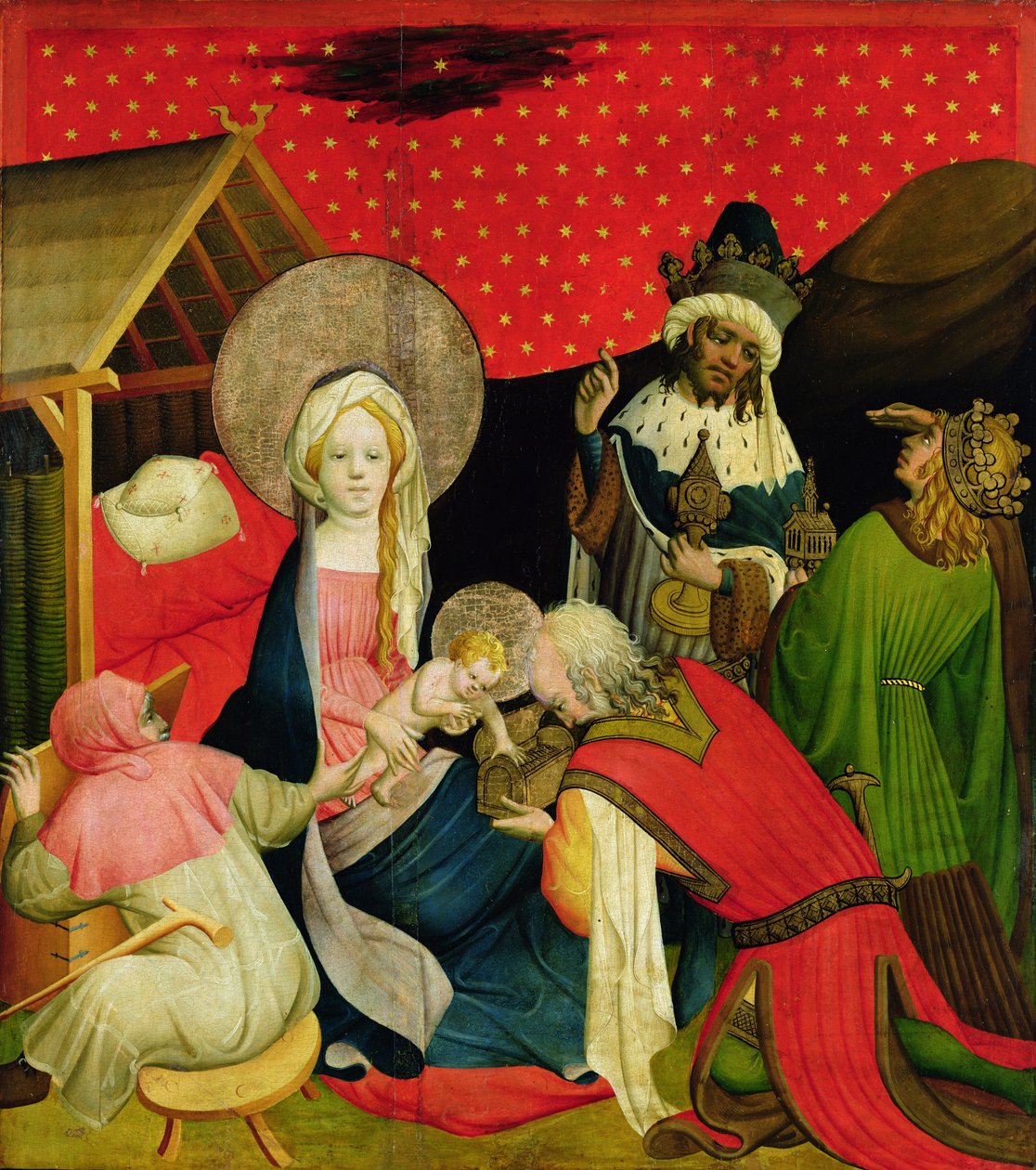 La Adoración de los Magos, panel del Altar de San Tomás de la Iglesia de San Juan, Hamburgo, comenzado en 1424 de Master Francke