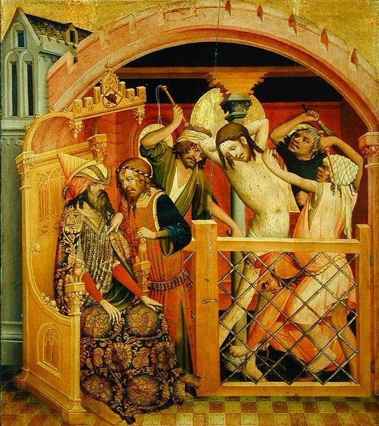 La flagelación de Cristo, panel del altar de San Tomás de la iglesia de San Juan en Hamburgo, comenzado en 1424 de Master Francke Master Francke