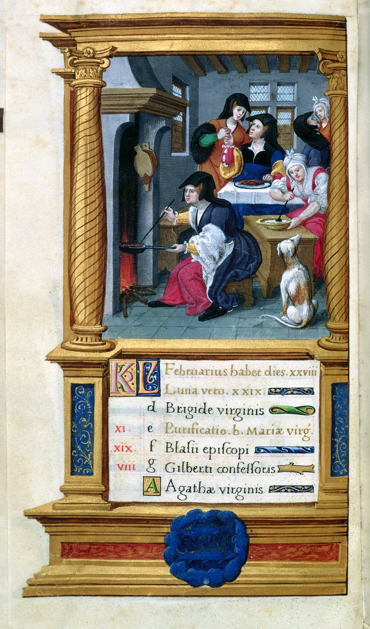 MS W449 fol.3v Febrero: Cocinando y festejando, c.1525 de Master Jean de Mauleon
