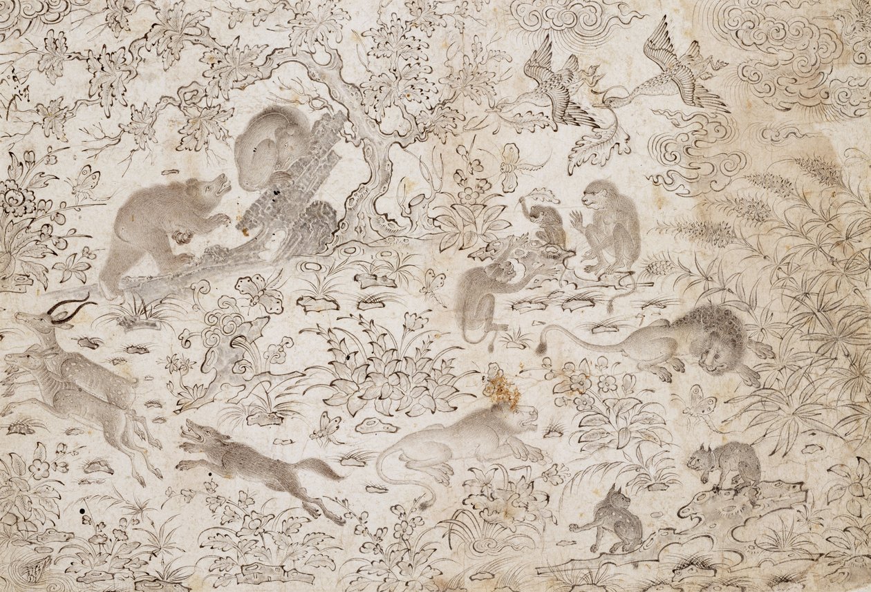 Aves y bestias en un paisaje florido de Master Muhammad Siyah Qalam