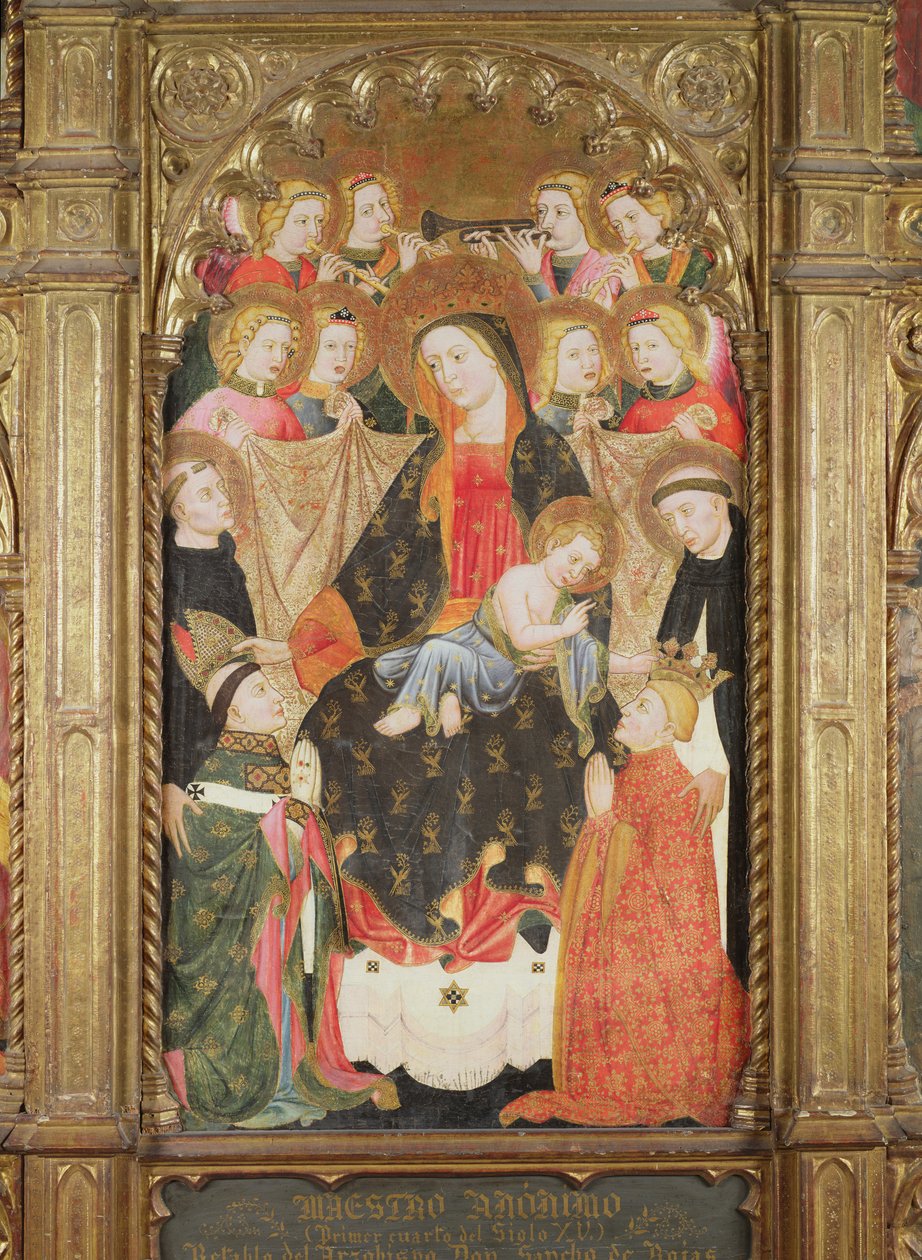 Retablo que muestra a la Virgen y el Niño con ángeles, santos dominicos y dos donantes de Master of Archbishop Don Sancho Rojas