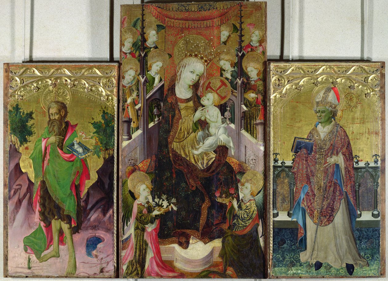 Madonna y el Niño entronizados rodeados de ángeles con San Juan Bautista y San Ambrosio de Master of Burgo de Osma