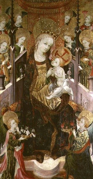 Madonna y Niño entronizados rodeados de ángeles, panel central de un tríptico, 1400-30 de Master of Burgo de Osma