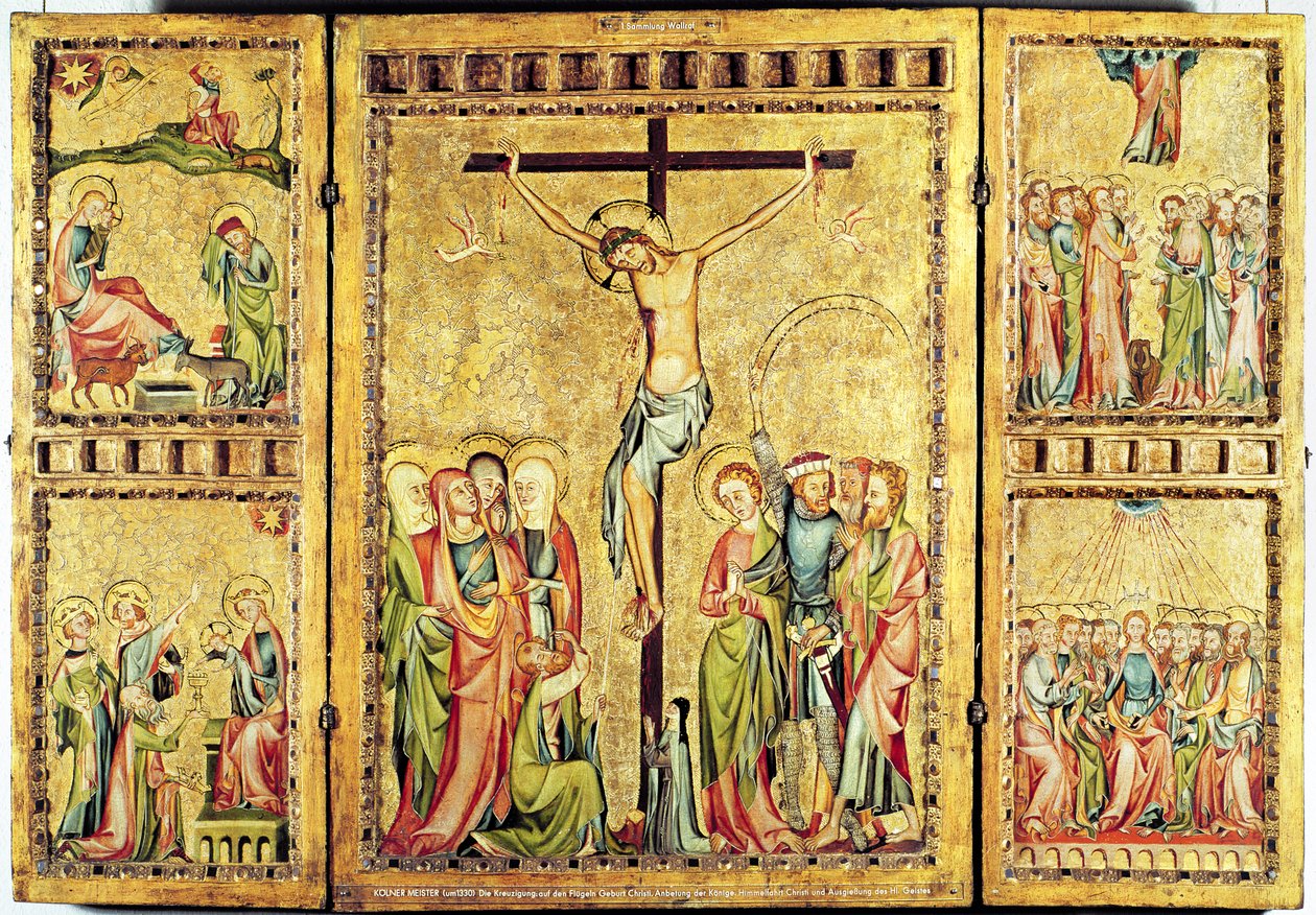 Retablo con la Crucifixión en el panel central y escenas de la vida de Cristo en los paneles laterales, c.1330 de Master of Cologne