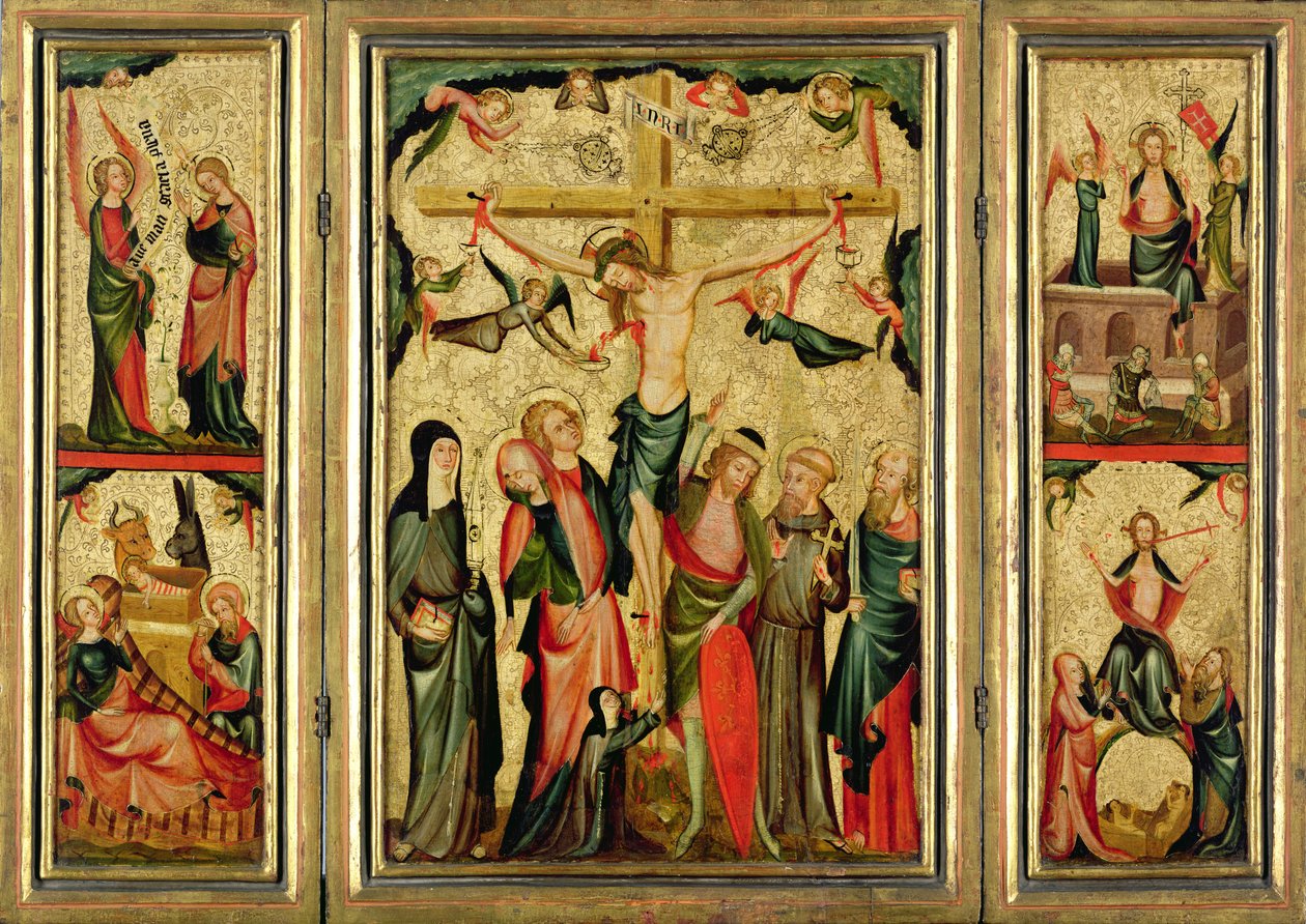 Tríptico que representa la Crucifixión de Cristo, c.1350 (temple y pan de oro sobre panel) de Master of Cologne