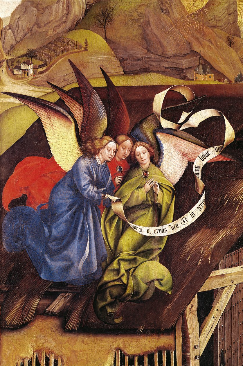 Natividad, detalle de tres ángeles, c.1425 (detalle) de Master of Flémalle