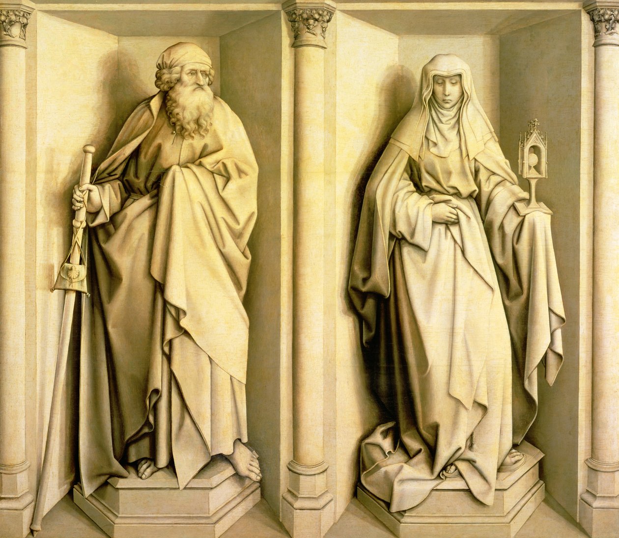 San Santiago el Mayor y Santa Clara, panel predela de Las bodas de la Virgen de Master of Flémalle
