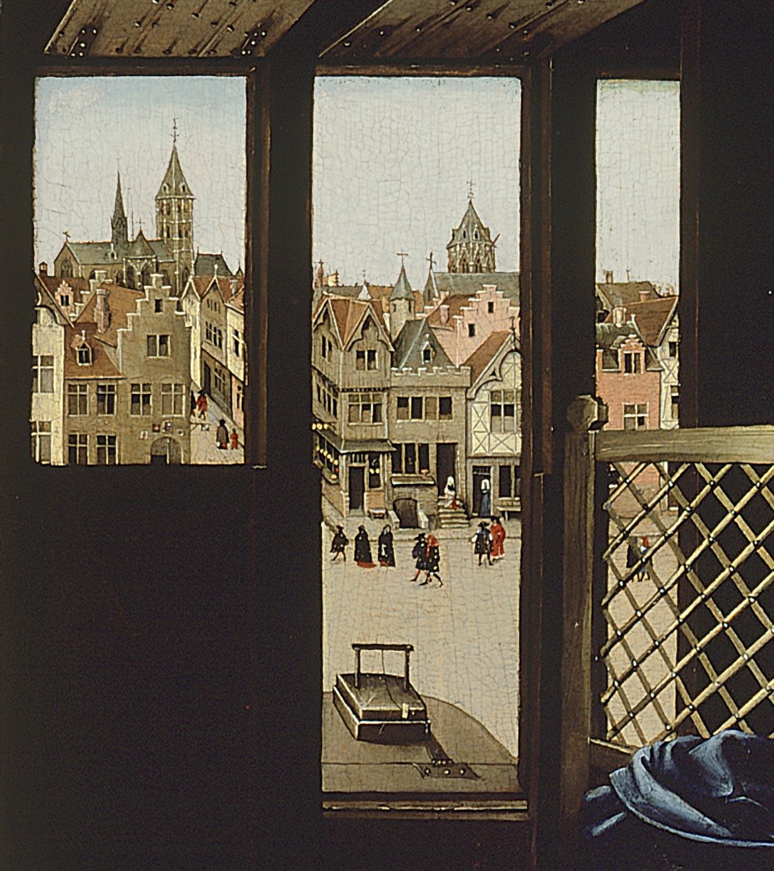 San José retratado como un carpintero medieval, (detalle) de la ventana del panel derecho del Tríptico de Mérode, c.1427-32 de Master of Flémalle