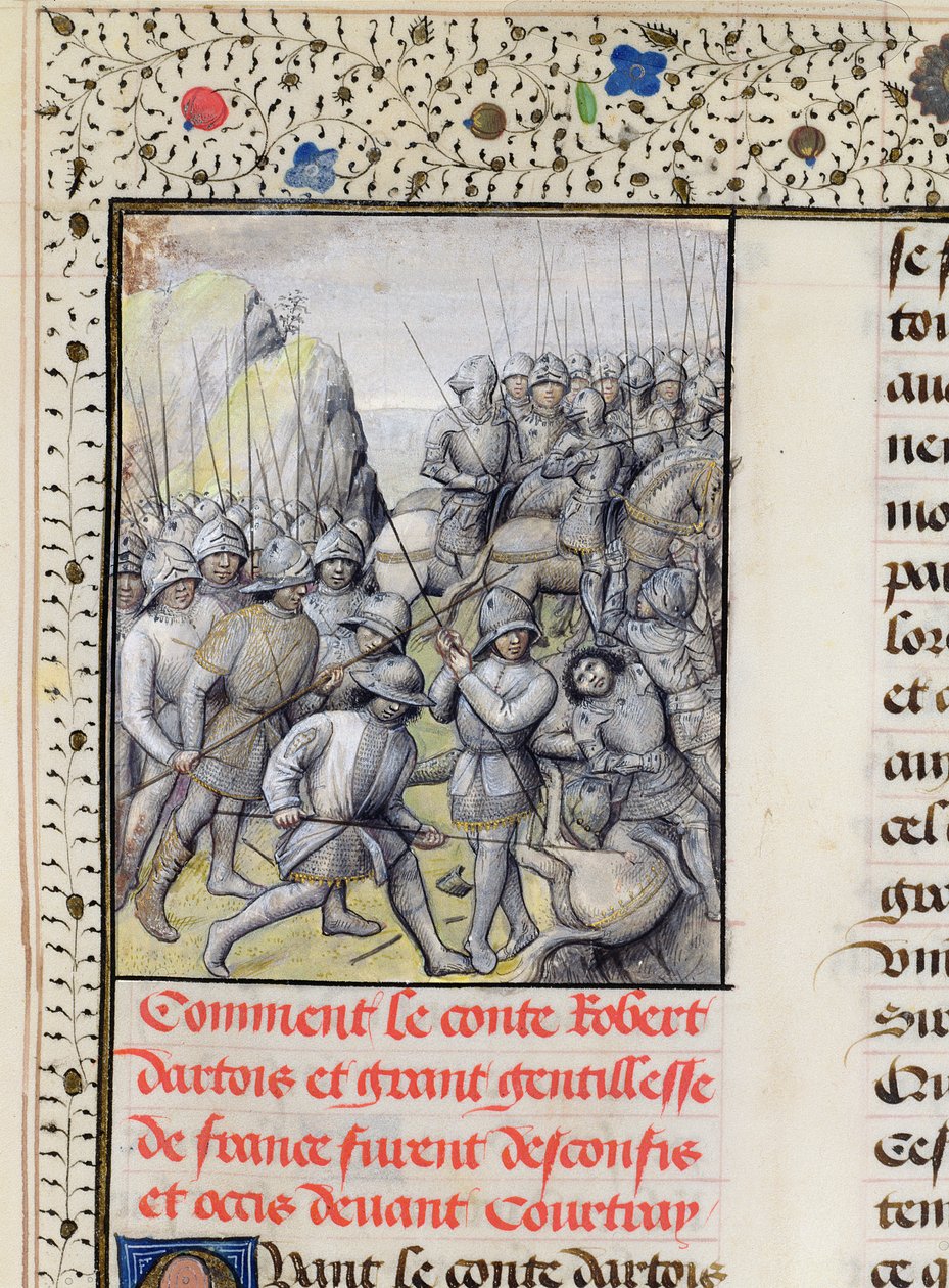 Los flamencos derrotan al ejército francés en la Batalla de las Espuelas de Oro cerca de Courtrai en 1302, 1477 de Master of Mary of Burgundy