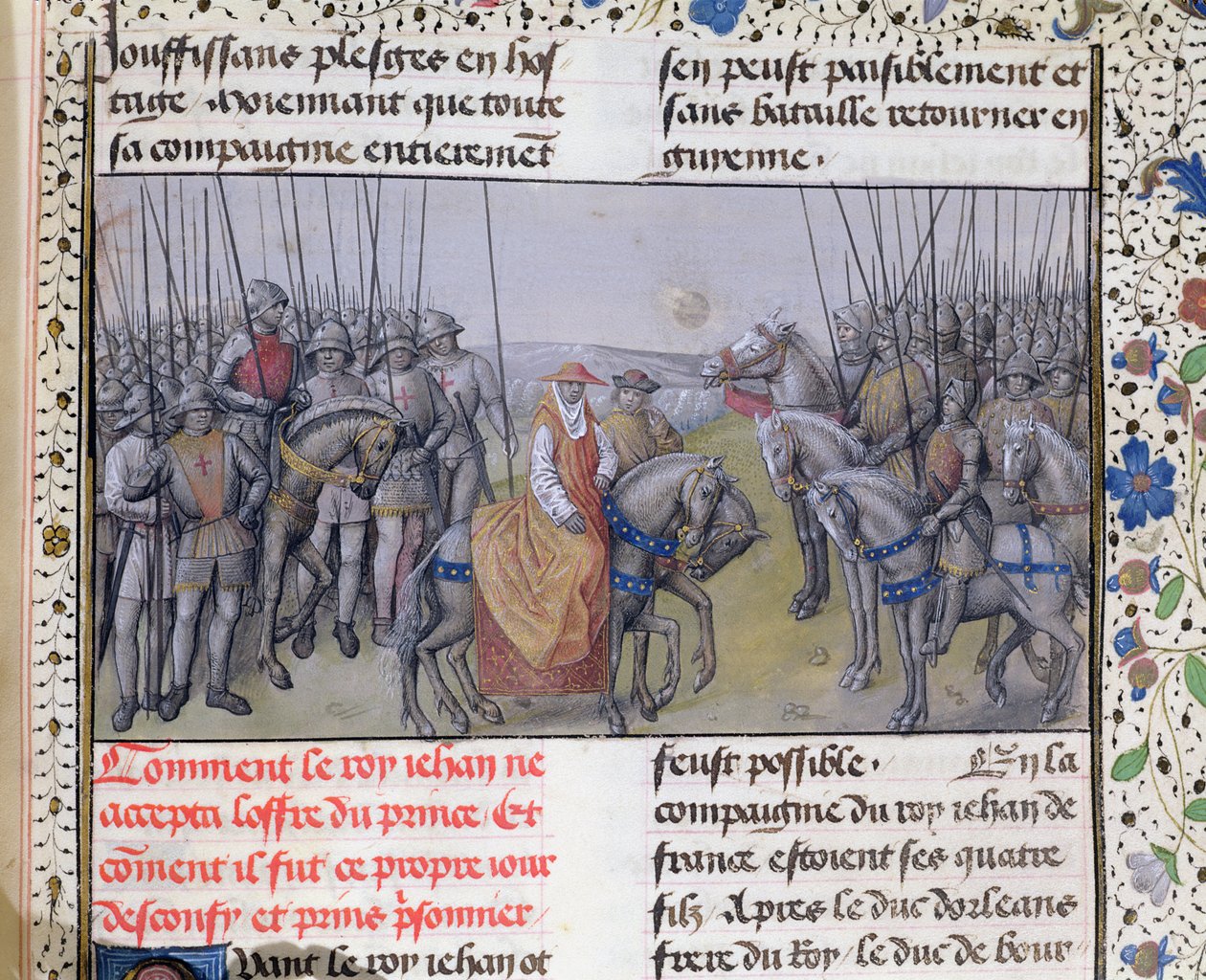 Ms 659 f.267 r. Juan II el Bueno capturado por los ingleses en la Batalla de Poitiers, 1356 de Master of Mary of Burgundy