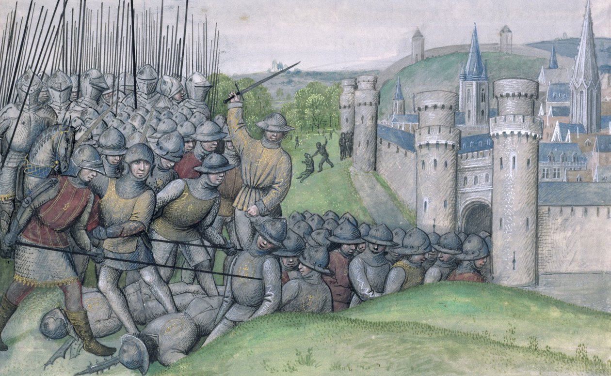 Ms 659 f.282r Luis, Conde de Flandes y la ciudad de Brujas son derrotados por Filips van Artefelde y la gente de Gante en la Batalla de Bevenhoutsveld en 1382, 1477 de Master of Mary of Burgundy