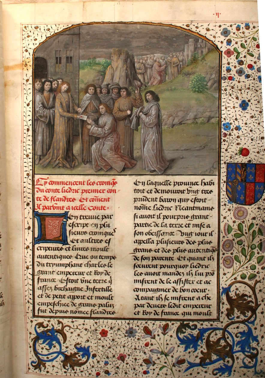 Ms 659 fol.2r Carlomagno nombra al primer conde de Flandes, 1477 de Master of Mary of Burgundy