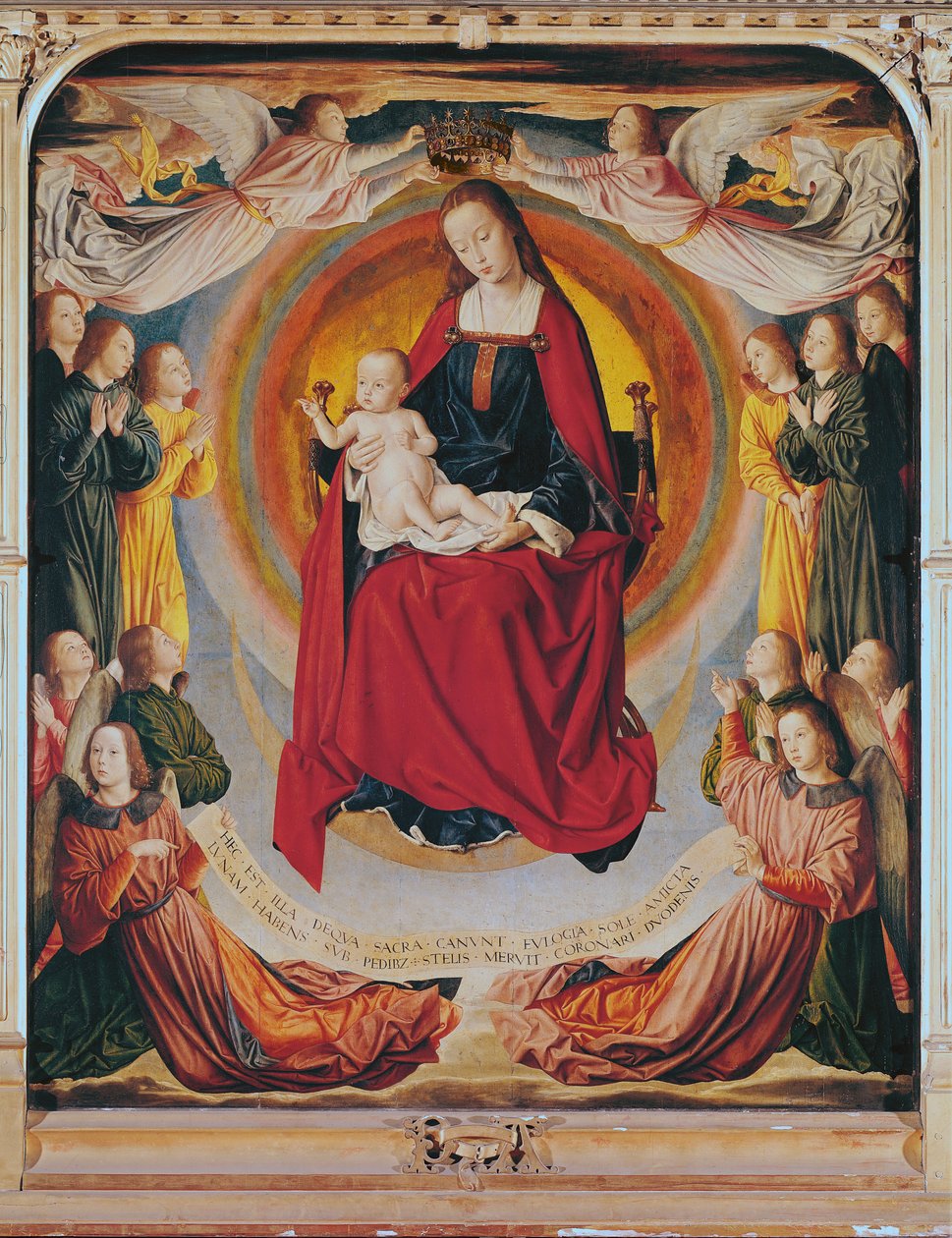 Coronación de la Virgen, panel central del Retablo de Borbón, c.1498 de Master of Moulins