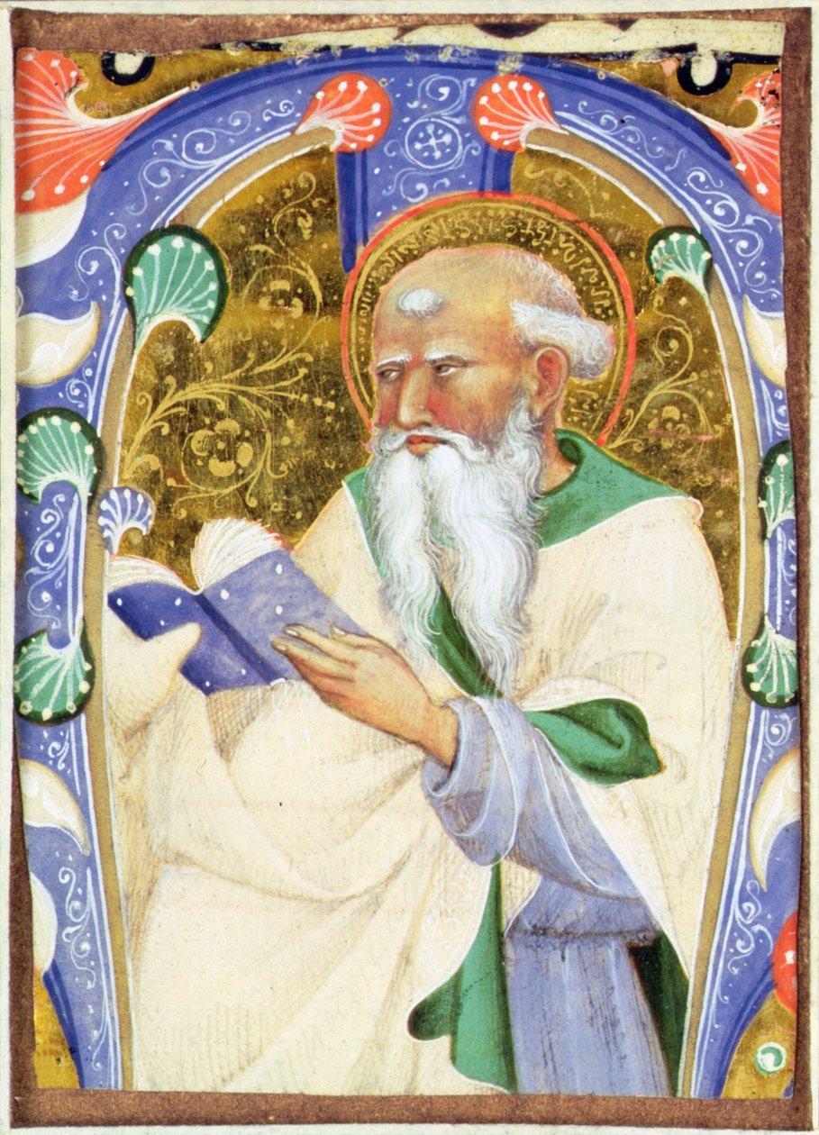 Inicial historiada M que representa a un santo con barba y un libro de Master of San Michele of Murano