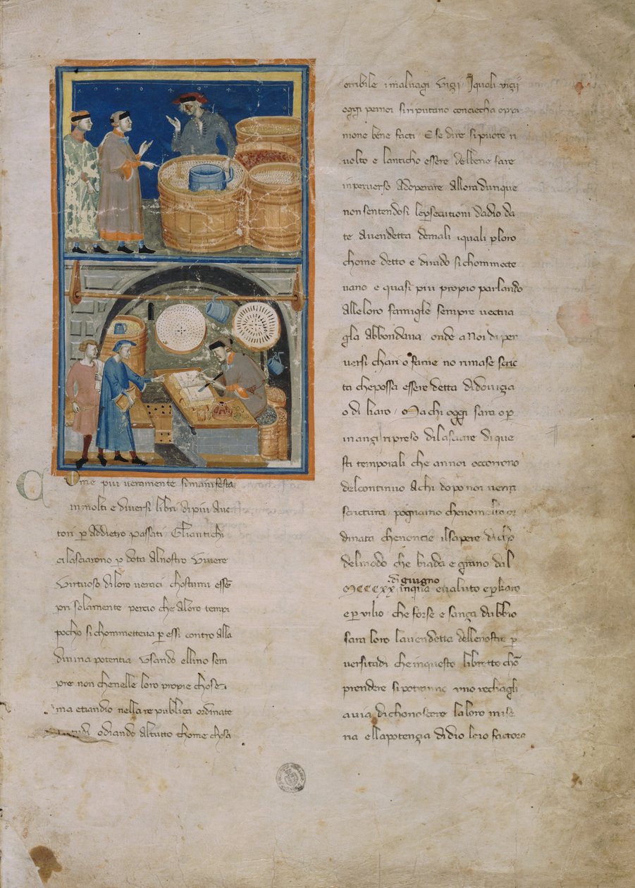 Un comerciante de aceitunas en el mercado y en su tienda de Master of the Biadaiolo Codex Master of the Biadaiolo Codex