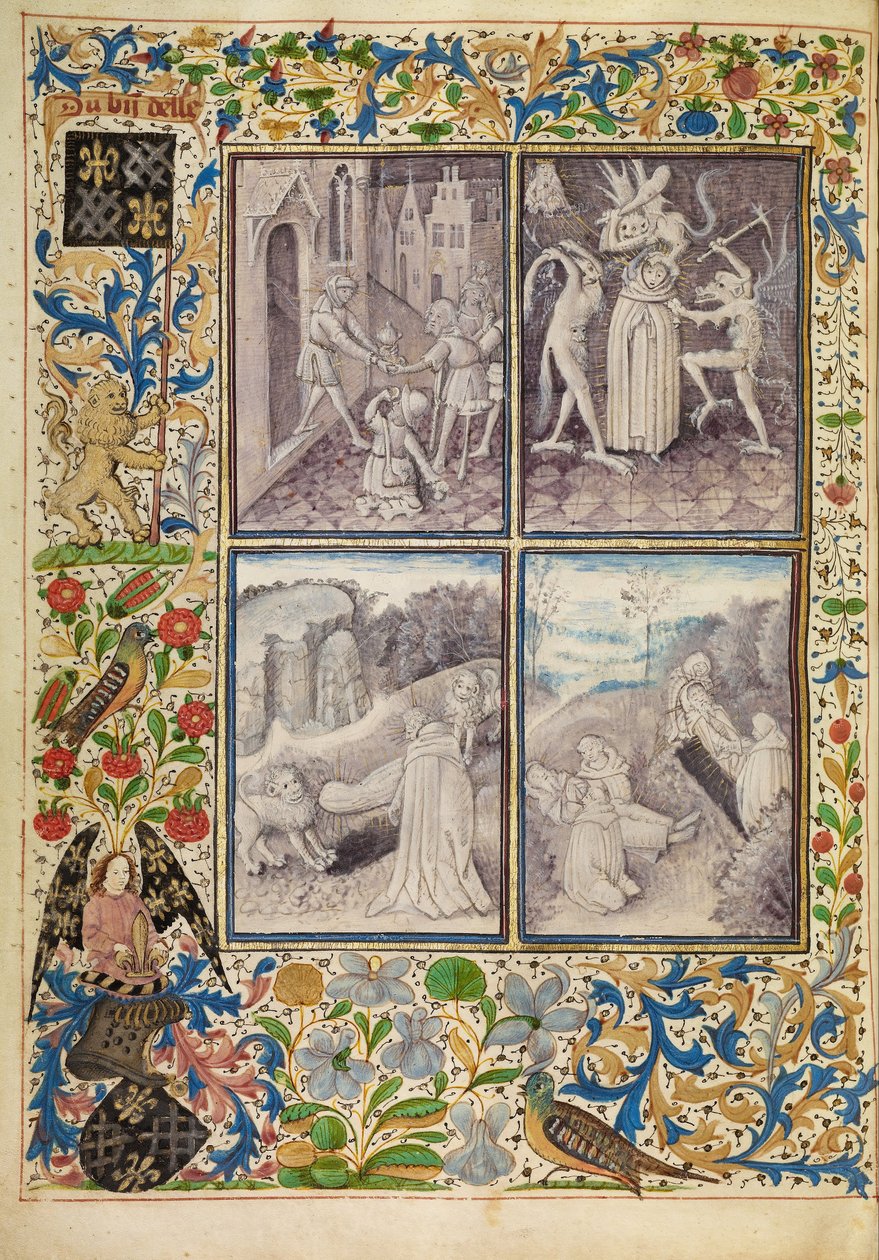 San Antonio dando su ropa a los pobres; Antonio sufriendo tentaciones; Antonio enterrando a Pablo en el desierto; La muerte y entierro de San Antonio de Master of the Brussels Romuléon or workshop