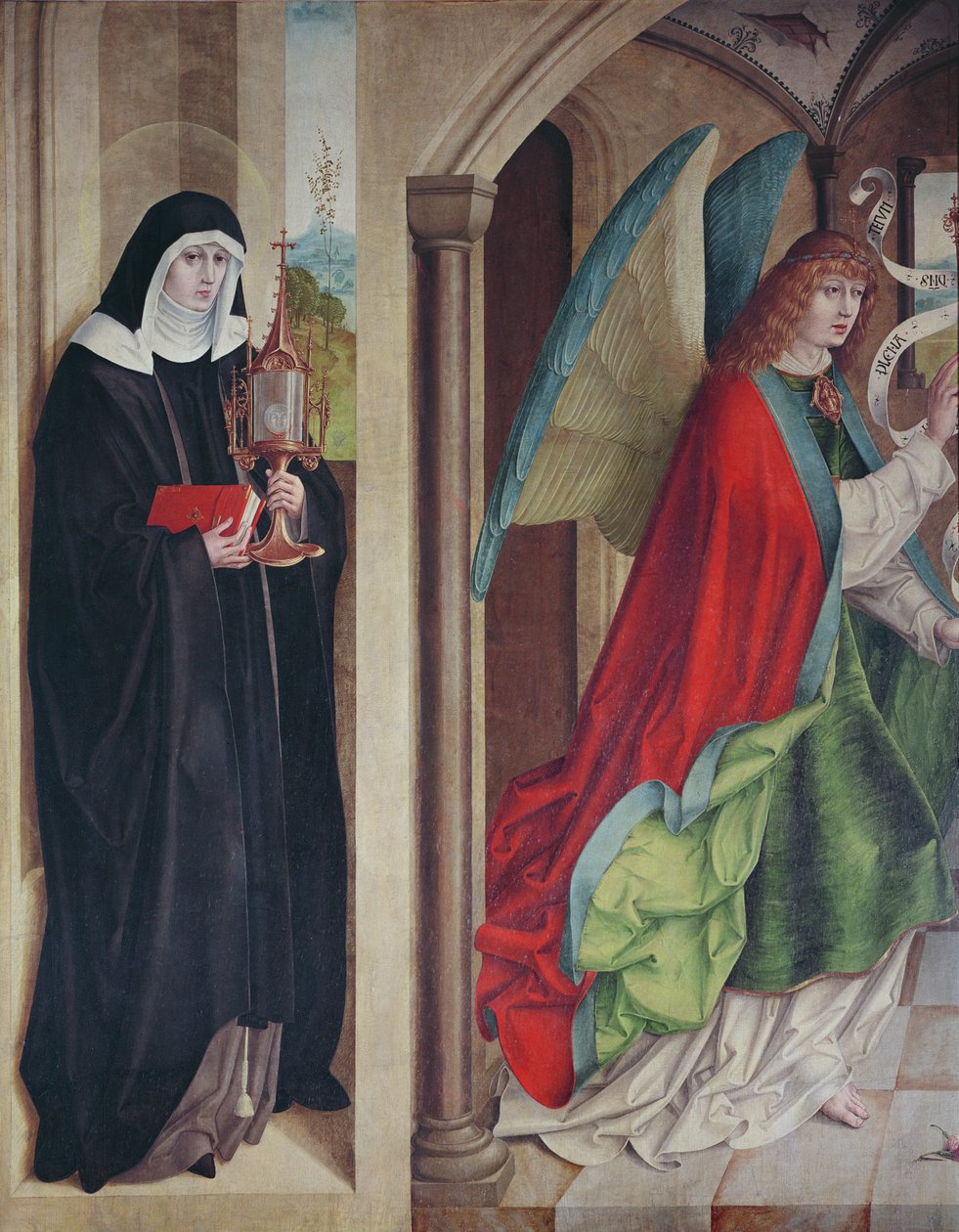 La Anunciación con Santa Clara de Asís, panel izquierdo del retablo cerrado, 1480 de Master of the Carnation