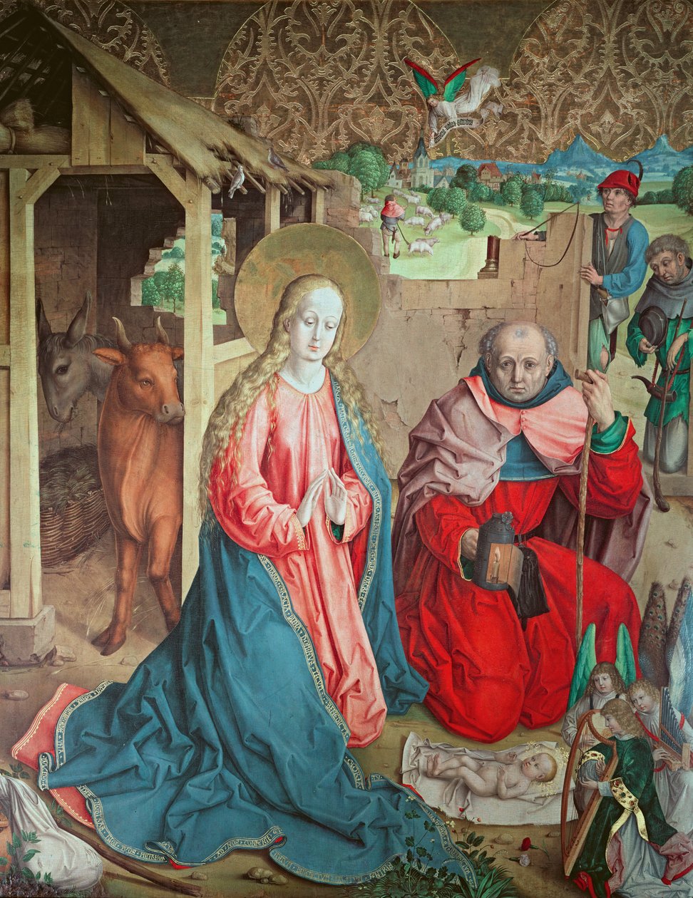 Adoración de los Pastores, panel izquierdo del retablo del altar mayor, 1480 de Master of the Carnation