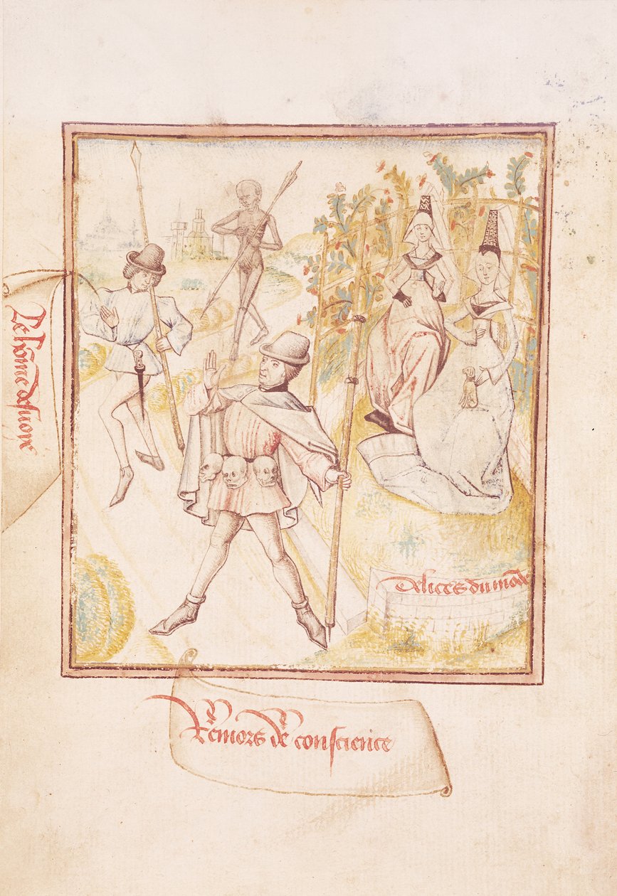 Ms 410 fol.24v El hombre descarriado teniendo segundas pensamientos y los placeres del mundo, de 