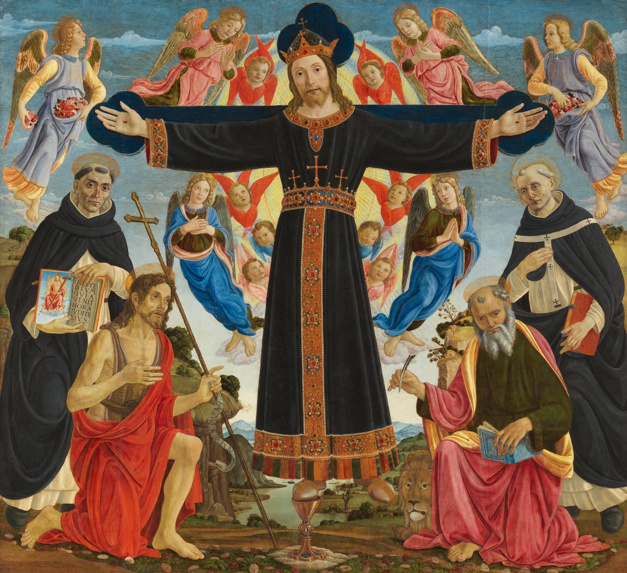 Cristo en la Cruz con los Santos Vicente Ferrer, Juan el Bautista, Marcos y Antonio de Master of the Fiesole Epiphany