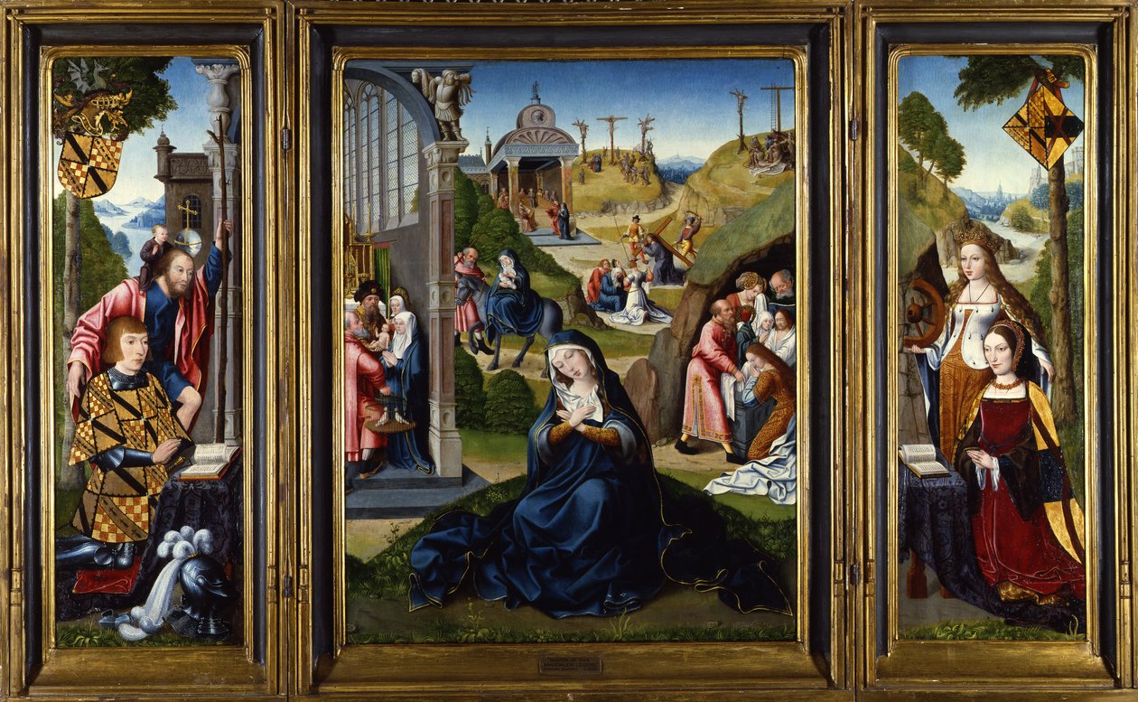 El Tríptico de Ashwellthorpe de los Siete Dolores de María, que representa escenas de la vida de la Virgen, con paneles laterales que representan a dos donantes con SS. Catalina y Cristóbal, c.1520 de Master of the Legend of the Magdalen