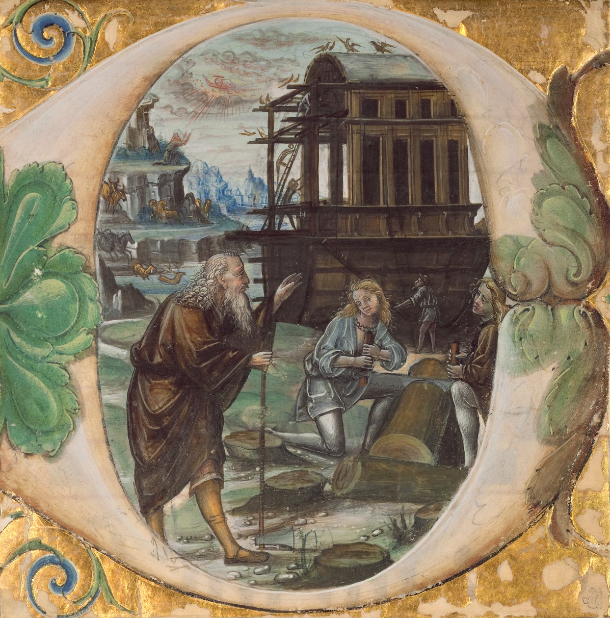 Inicial D: Noé Dirigiendo la Construcción del Arca de Master of the Monogram B.F Master of the Monogram B.F