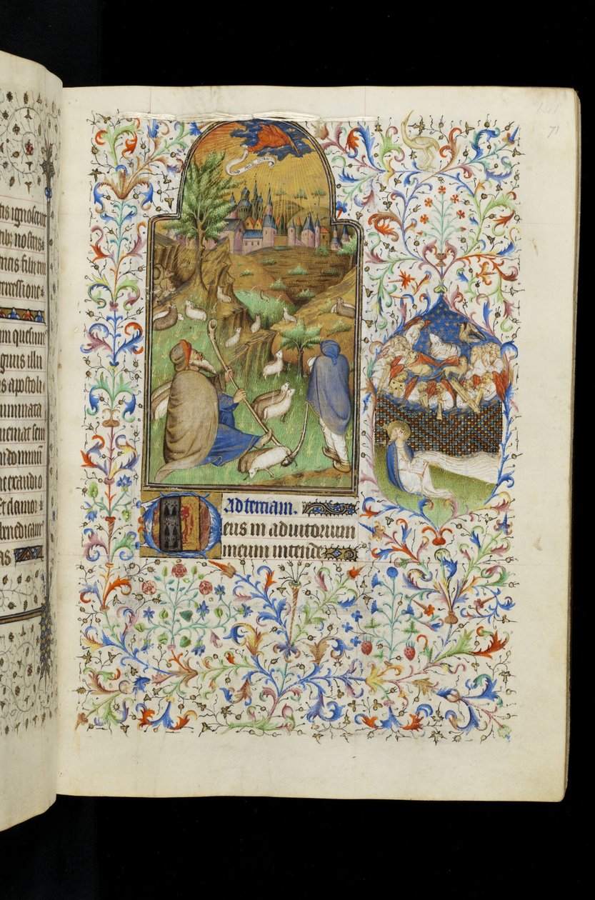 MS 62 f.71r Tercia de la Virgen: Ángel apareciendo a los pastores, de un Libro de Horas de Master of the Rohan Hours