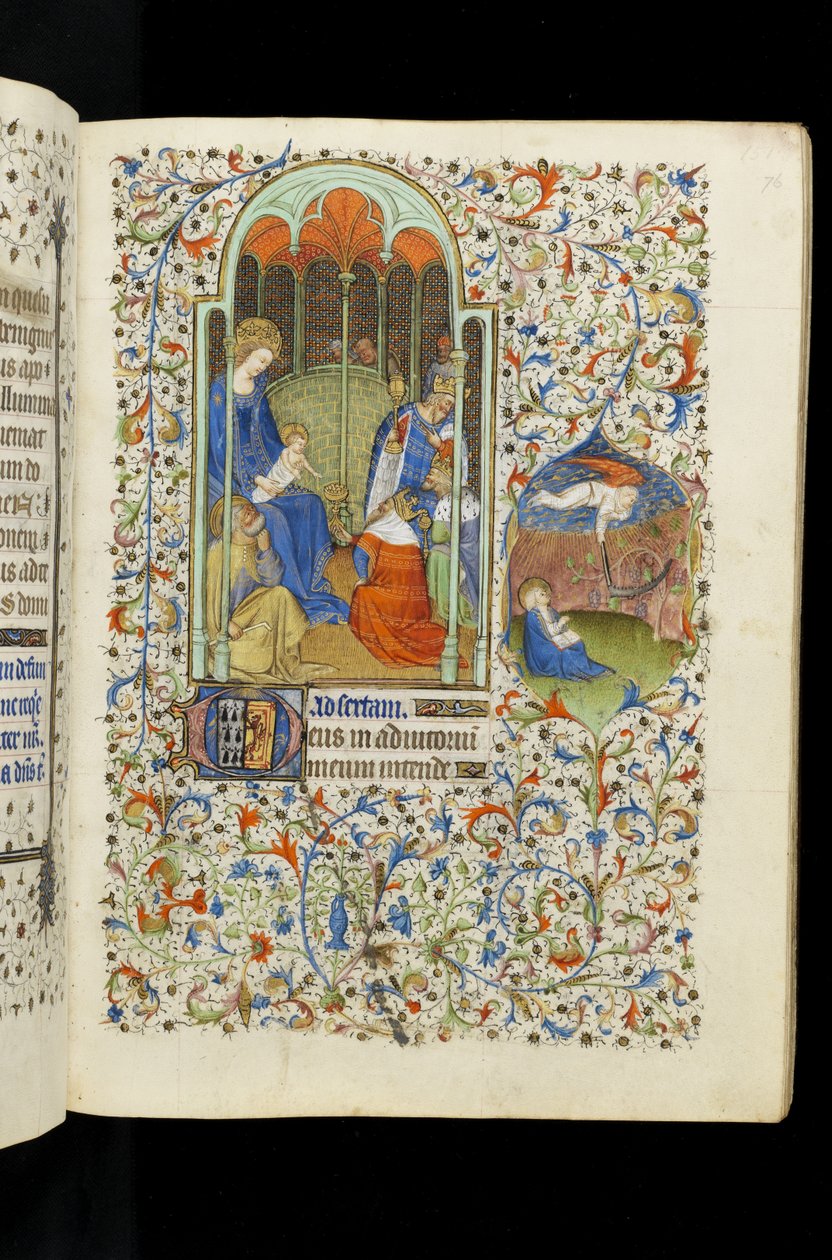 Ms 62 f.76r Adoración de los Reyes; San Juan y ángel con hoz, de un Libro de Horas de Master of the Rohan Hours