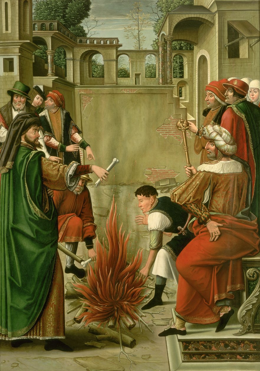 El emperador Juliano el Apóstata quemando los huesos de San Juan Bautista de Master of the St. Johns Retable