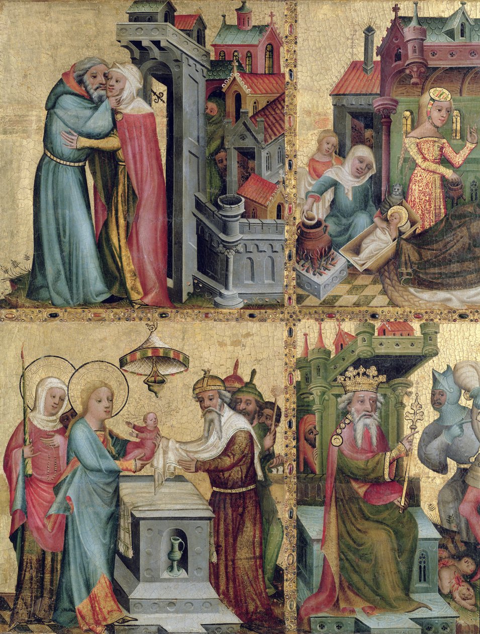 Encuentro en la Puerta Dorada y la Presentación en el Templo, del Altar de Buxtehude, 1400-10 de Master Bertram of Minden