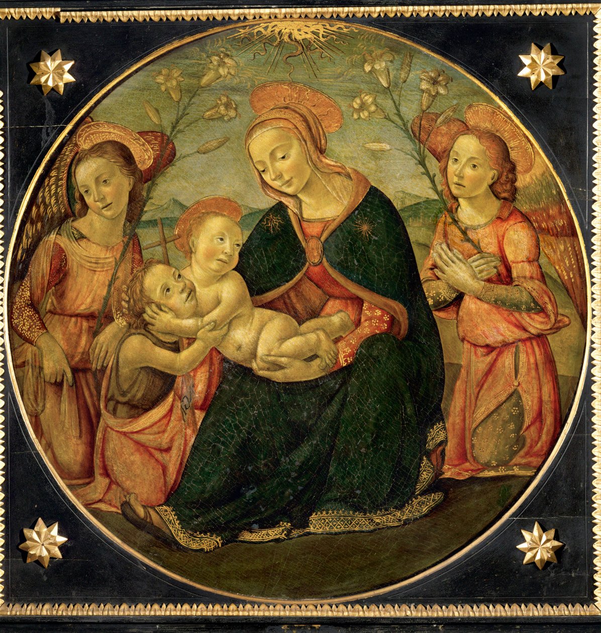 Virgen adorando al niño con Juan Bautista y dos ángeles (pintura sobre madera) de Master Borghese Tondo