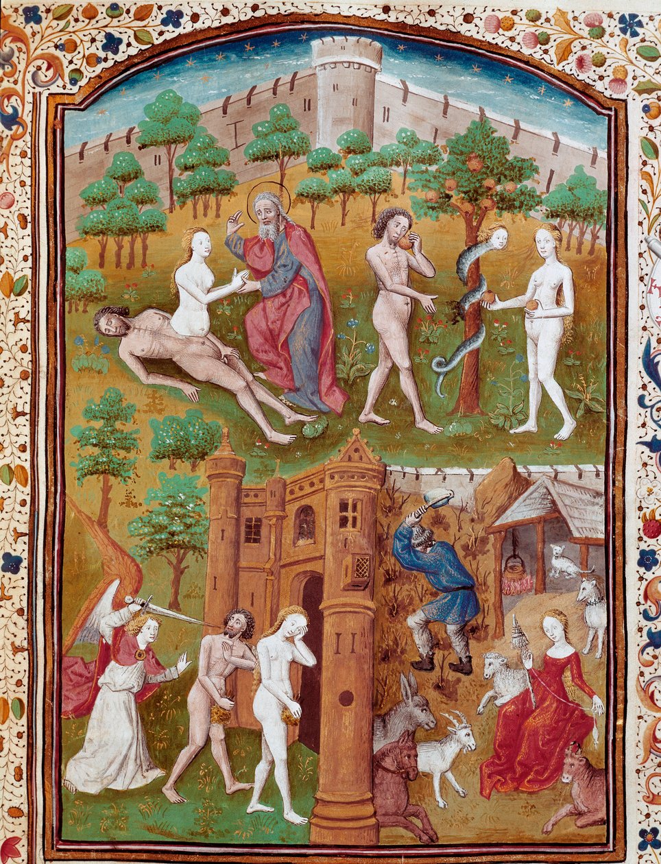 Nacimiento de Eva de la costilla de Adán, Adán y Eva recogiendo el fruto prohibido y luego expulsados del Paraíso. Miniatura tomada de "Casos de hombres y mujeres nobles infortunados" (De casibus) de Giovanni Boccaccio, escritor italiano de Master Dunois