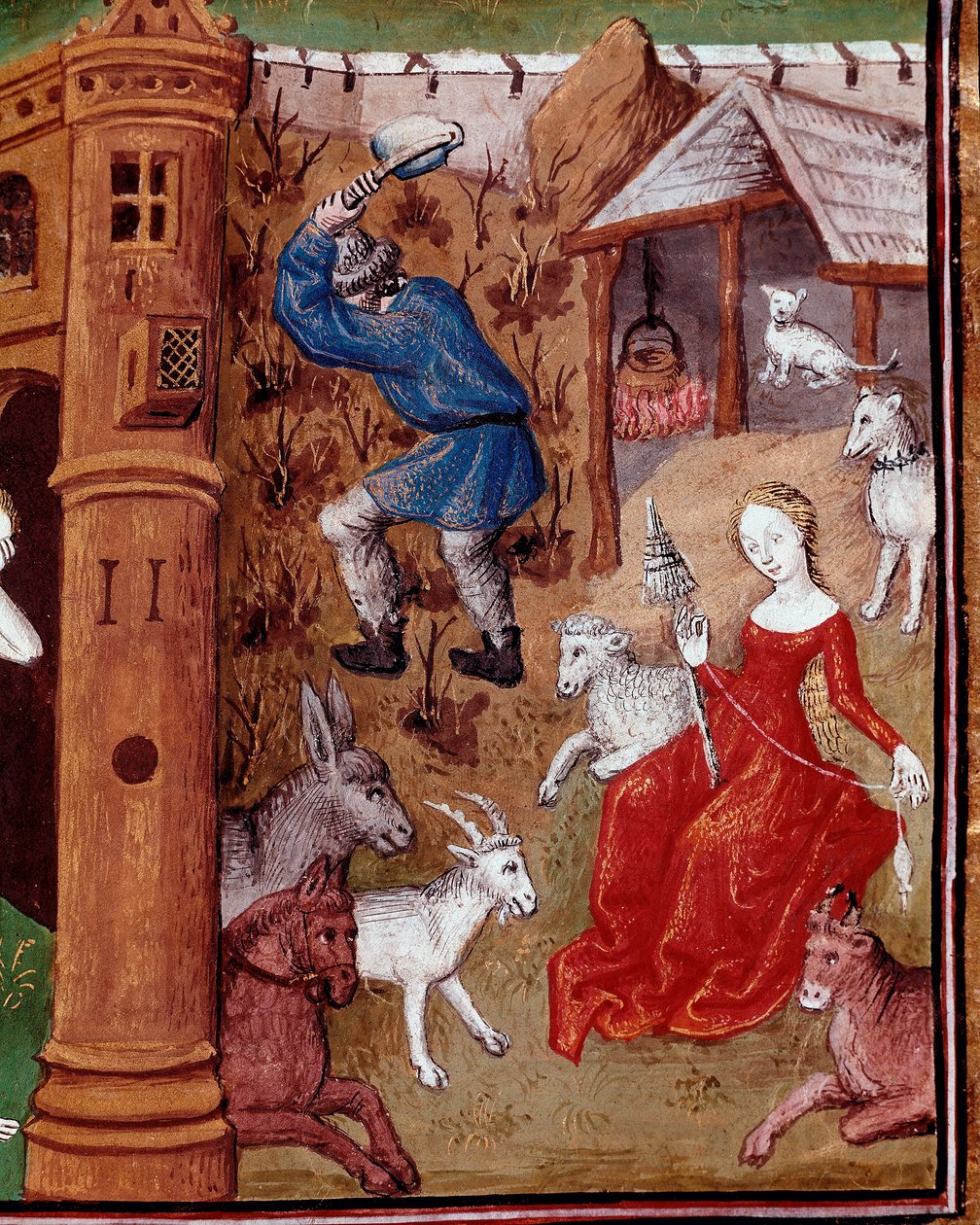 Representación de Adán recogiendo la tierra y Eva hilando la lana después de ser expulsados del Paraíso terrenal. Miniatura tomada de 
