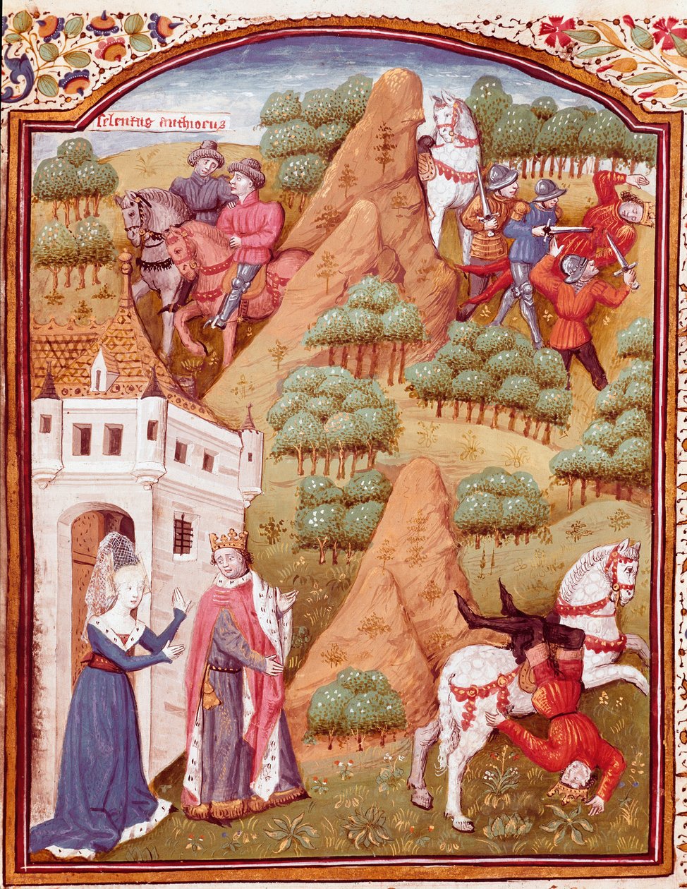 Seleuco I Nicator y su padre Antíoco, rey de Asia y Siria. Uno de los dos reyes es asesinado, caída del caballo. Miniatura tomada de “Casos de infortunios de hombres y mujeres nobles” (De casibus) de Giovanni Boccaccio de Master Dunois