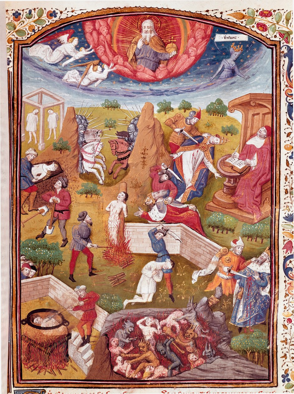 Visión de Boccaccio: escena de tortura, ahorcamiento, masacre Miniatura tomada de “Casos de hombres y mujeres nobles desafortunados” (De casibus) de Giovanni Boccaccio, llamado Jean Boccaccio (1313-1375), escritor italiano, traducido por Laurent de Premier de Master Dunois