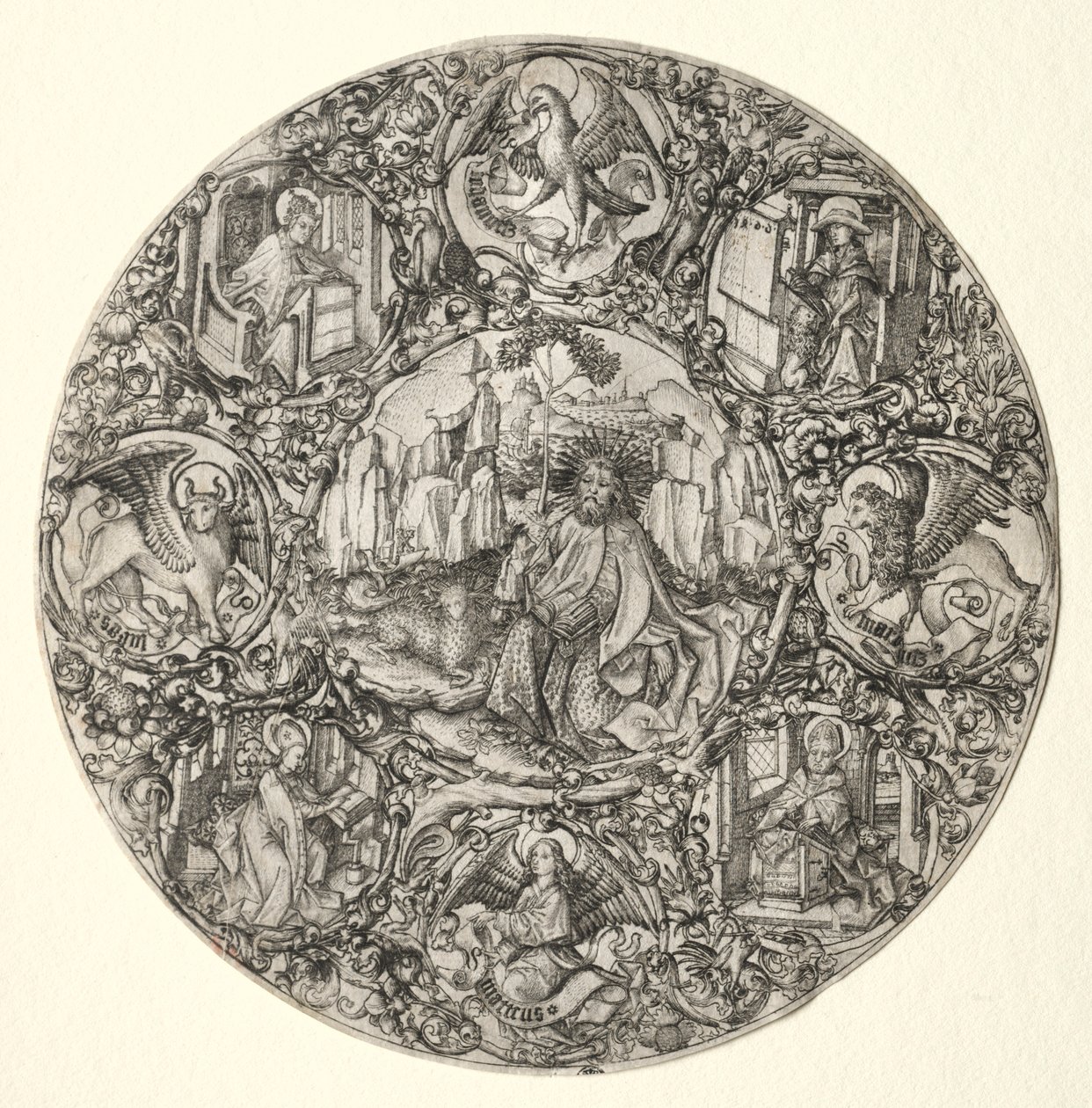 San Juan Bautista rodeado por los evangelistas y cuatro padres de la Iglesia Latina, 1466 de Master E. S.