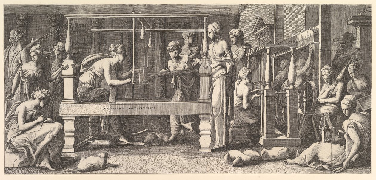 Mujeres hilando, tejiendo y cosiendo, 1540-50 de Master FG