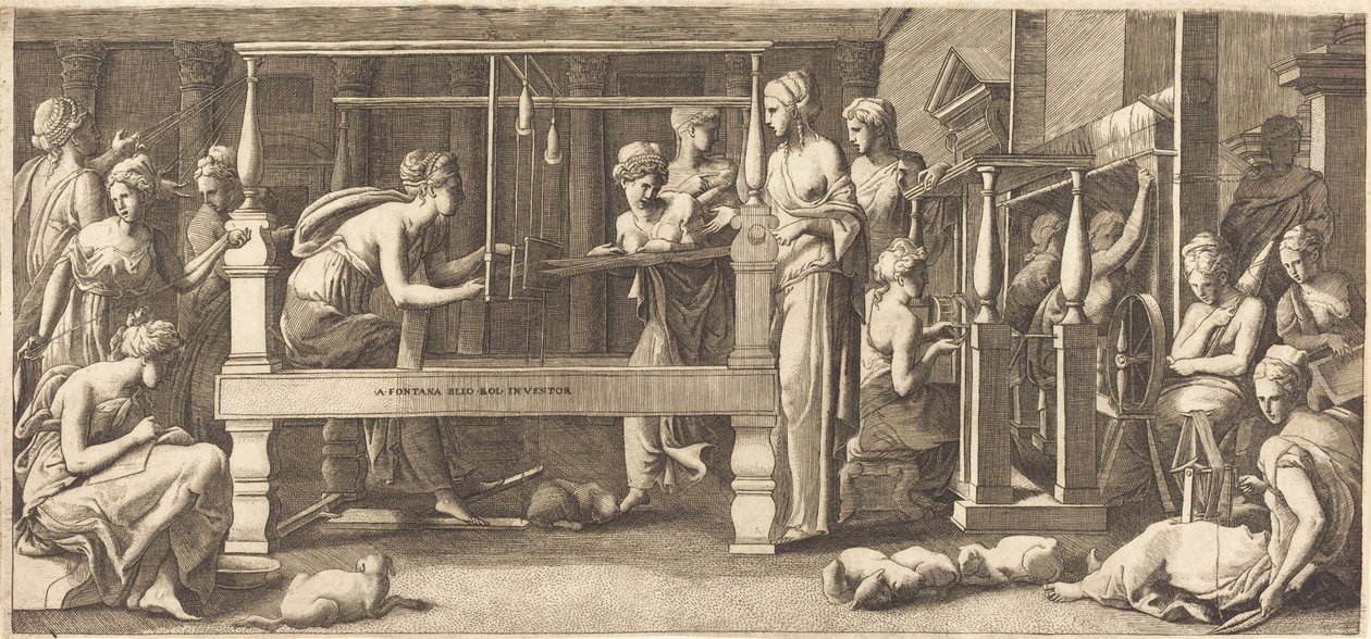 Penélope y sus criadas tejiendo de Master FG, after Francesco Primaticcio