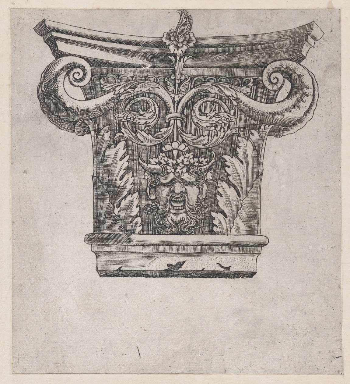 Speculum Romanae Magnificentiae: Capital con volutas de vaina de guisante y cabeza de sátiro, ca. 1537 de Master GA